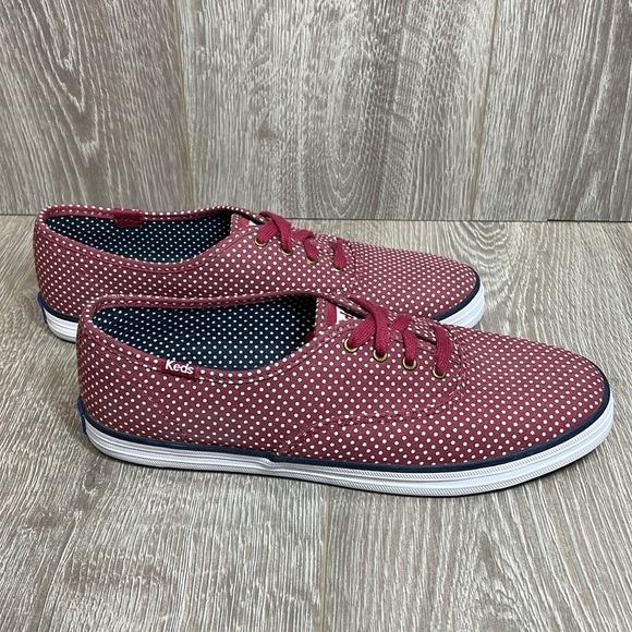 NWOT Keds Champion Burgundy White Polka Dot Canvas Sneakers Eyelet Lace Up  8 - Picture 2 of 13